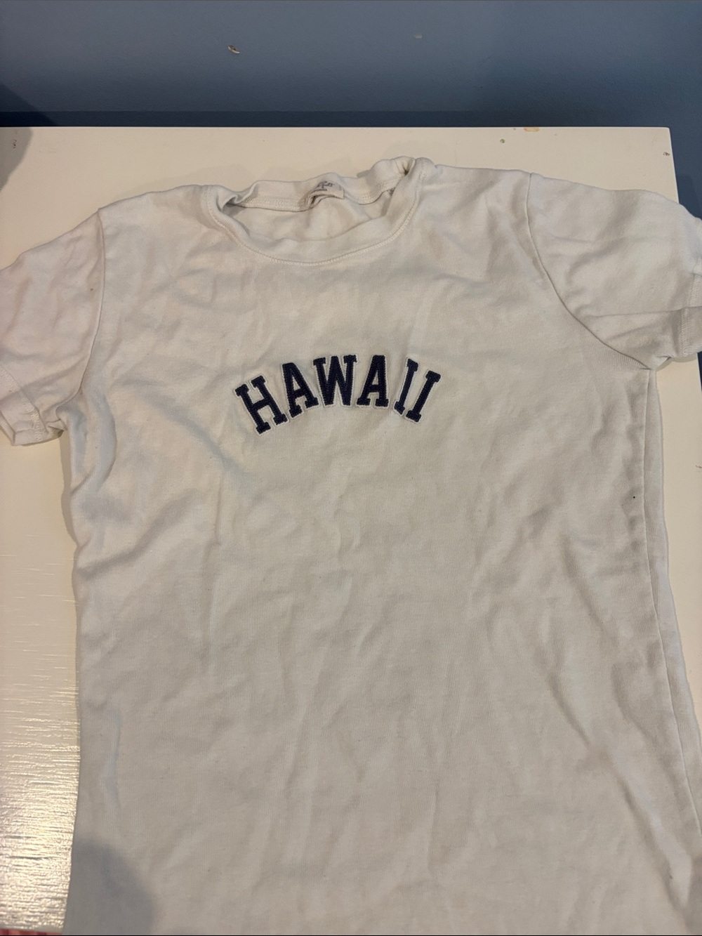 Brandy Melville White Tee with Navy "HAWAII" Chest Lettering